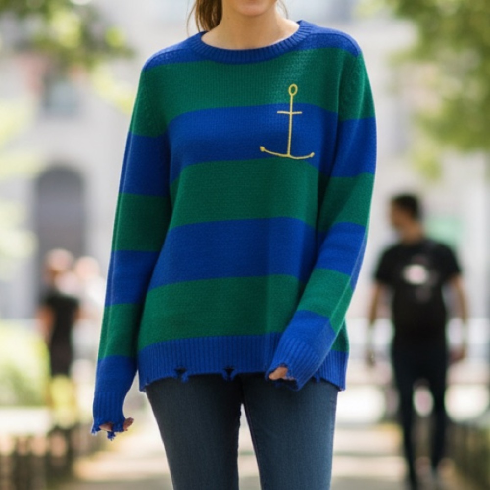 NEW Sandrine Rose Cashmere Sweater - Green and Blue Stripe Sz L - Picture 1 of 9
